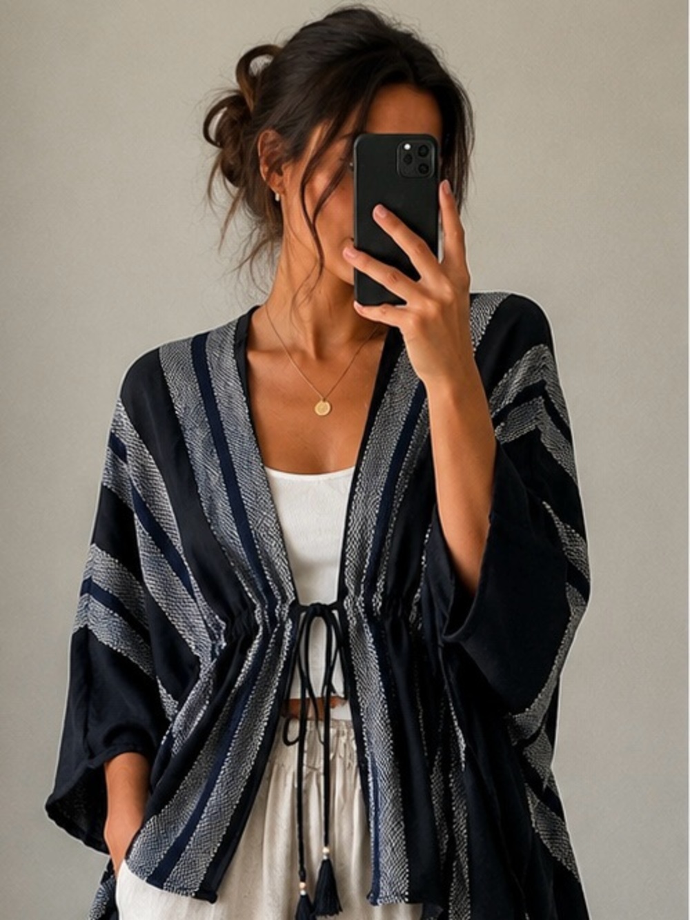Time and Tru Navy Striped Open-Front Tunic